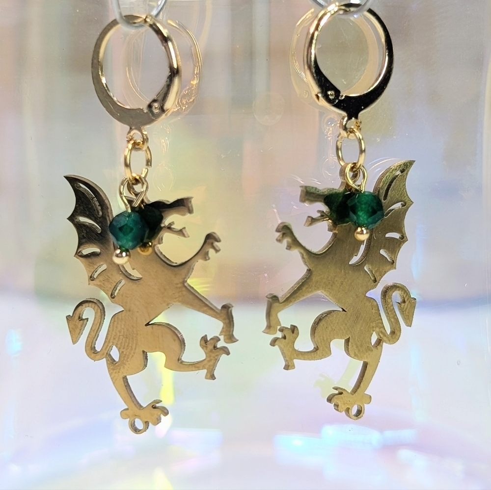 Tourmaline Gold Chimera Artisan Earrings - Handmade Dragon Lion Jewelry - D061